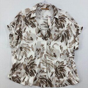 New Belldini XL Brown White Floral Collar Stretch Short Sleeve Relaxed Blouse